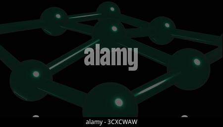 Displaying 3D network of glossy spherical nodes connected by rods in black void, digital rendering Stock Photo
