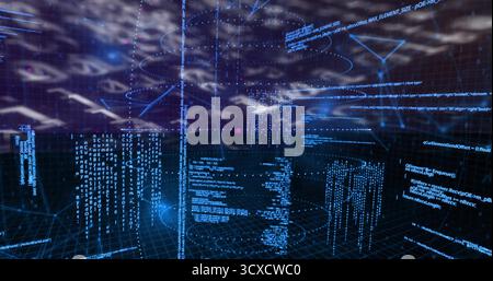 Floating translucent code panels hovering over grid in cyberspace, with numeric streams Stock Photo