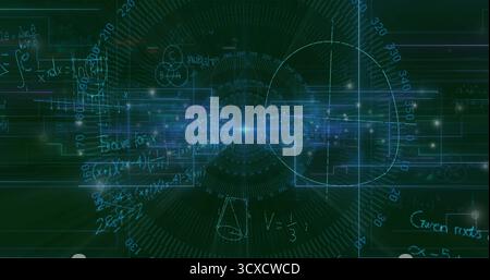 Radiating point projecting light streaks across digital interface, with radial ticks and equations Stock Photo