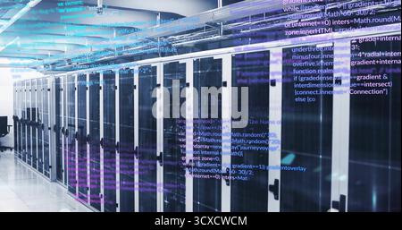 Stretching row of black glass-doored server racks along data center corridor, with code overlay Stock Photo