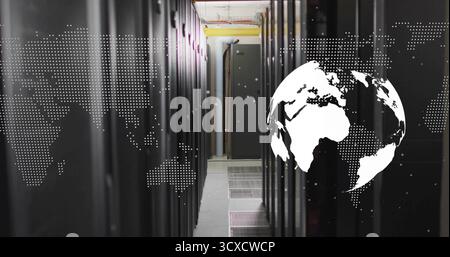 Displaying server rack aisle in data center with perforated tiles, conduits and map-globe overlay Stock Photo