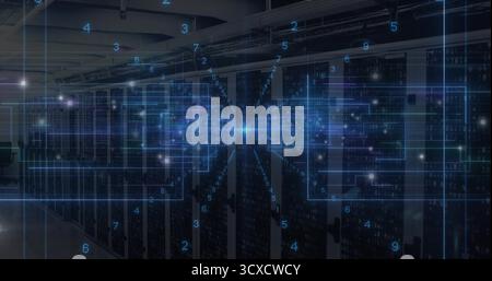Displaying server racks streaming data via digital overlay inside data center, with LED lights Stock Photo