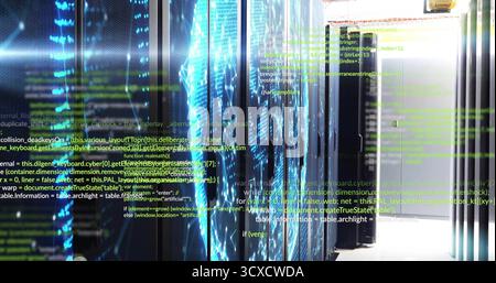 Streaming row of server racks showing green code in data center aisle ...