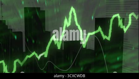 Displaying graph in digital finance chart, with green bars white curve grid with numerical marker Stock Photo