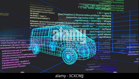 Floating cyan wireframe SUV drifting in virtual grid environment, with glowing code and axis lines Stock Photo