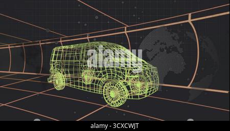 Displaying neon green wireframe van traveling through grid tunnel, featuring globe and data points Stock Photo