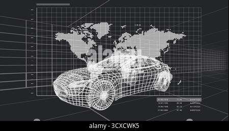 Displaying wireframe sports car in CAD interface, with dotted world map and technical data overlay Stock Photo