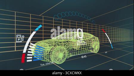 Displaying green wireframe sedan in 3D grid, with speedometer, battery, charging icons, date or time Stock Photo