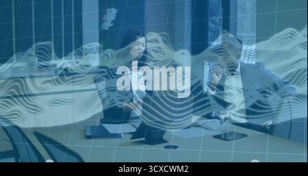 Analyzing two professionals in suits reviewing papers and tablet in meeting room, with overlays Stock Photo