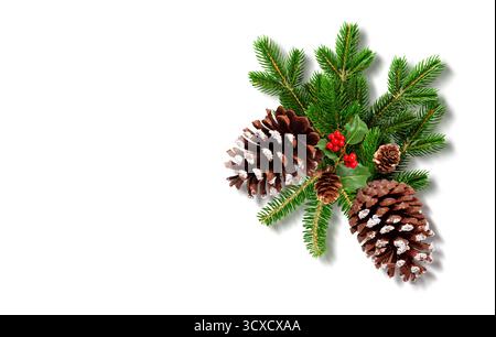 Fir Branches with Pine Cones and Red Berries on White Background Stock Photo