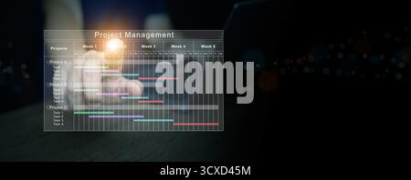 Digital project management concept showing business technology, task scheduling, data visualization with glowing touch interface for planning, coordin Stock Photo