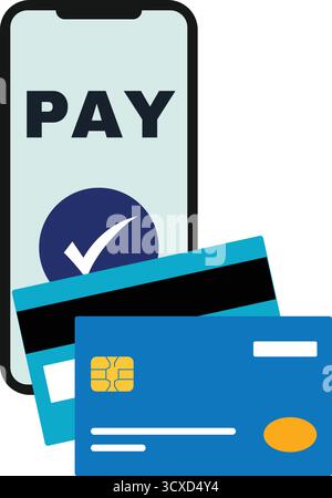 Smartphone screen displaying a mobile payment interface. The background is light blue with a large checkmark inside a dark blue circle at the top, ind Stock Vector