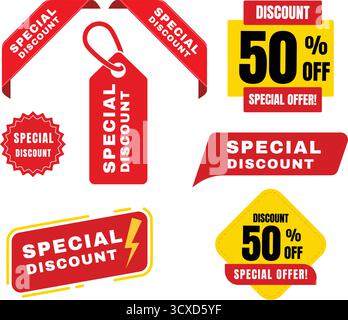 Red and yellow discount tags designed for promotional use. Various shapes include circular, rectangular, and diamond designs, all featuring bold white Stock Vector