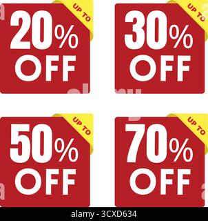 Red and white discount tags displaying percentages off: 20%, 30%, 50%, and 70%. Each tag has a yellow corner label reading "UP TO". The tags are squar Stock Vector