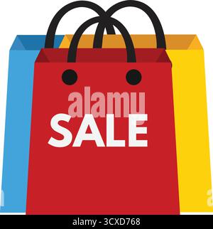Three shopping bags are depicted: a red one in front with "SALE" written in white, a blue one on the left, and a yellow one on the right. The bags fea Stock Vector