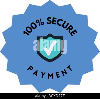 Blue starburst badge with black text reading "100% Secure Payment." A shield icon with a checkmark is centered, symbolizing safety and trust in online Stock Vector