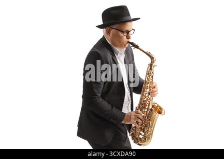Mature male musician playing a sax isolated on white background Stock Photo