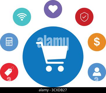 A blue circle with a white shopping cart icon at the center is surrounded by six colorful icons. These icons include a teal Wi-Fi symbol, a purple hea Stock Vector