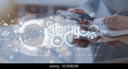 Digital Workflow and Automation System with Virtual Interface on Tablet Touchscreen. Stock Photo