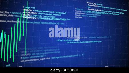 Displaying green vertical bar chart on analytics dashboard grid, with overlaid white code snippets Stock Photo