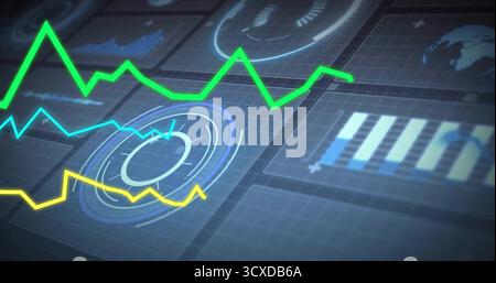 Displaying dashboard in control interface, with three neon line graphs, circular gauges, bar chart Stock Photo