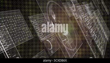 Displaying UI panels floating in 3D space, with tabular data, gauges, sliders and circuit traces Stock Photo