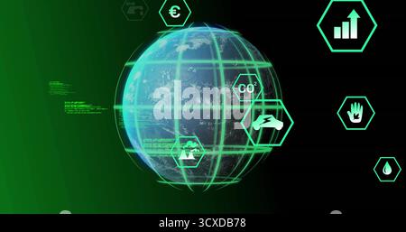 Displaying stylized Earth globe floating in virtual space, showing neon grid and hex icons Stock Photo
