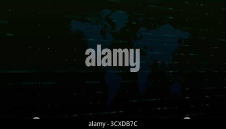 Showing blue world map silhouette on dashboard, with alphanumeric labels and glowing data points Stock Photo
