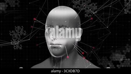 Rendering 3D wireframe head in dark hexagonal-grid interface, linking white lines to pink nodes Stock Photo