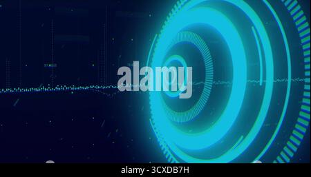 Presenting interface on screen showing concentric neon blue circles with waveform data, copy space Stock Photo