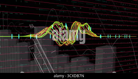Displaying 3D finance dashboard showing neon waveform at center, with cyan candlesticks and columns Stock Photo
