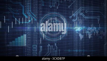 Displaying HUD graphic on screen with bar chart, circuit traces, code streams, world map silhouette Stock Photo