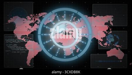 Displaying overlay highlighting Europe, Africa on grid UI, with code panel, charts and arrow icons Stock Photo