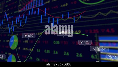 Displaying digital financial dashboard on monitor with candlesticks, trend lines and overlay icons Stock Photo