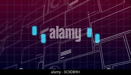 Displaying interface in digital space using white grid lines, outlined panels and four cyan markers Stock Photo