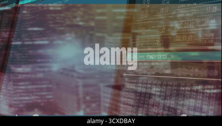 Displaying interface showing code, tables, hex grid, waveform, encryption label on computer screen Stock Photo
