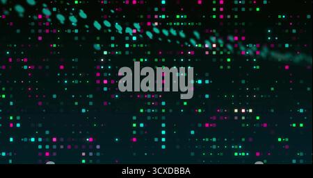 Floating neon squares and circular dots forming data grid in dark virtual space, digital interface Stock Photo