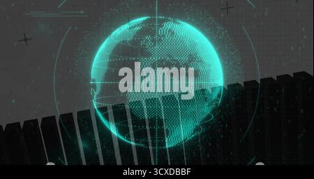 Displaying teal dotted mesh globe hovering in virtual data space, with UI arcs and black bars Stock Photo