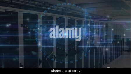Projecting holographic interface on central black server racks in data center with cable trays Stock Photo