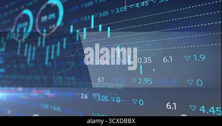 Displaying turquoise candlestick charts glowing on office skyscraper glass, with figures and arrows Stock Photo