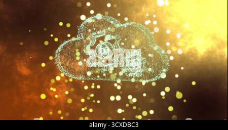 Hovering cloud icon forming cyan-blue particles in abstract space, with gear symbols and bokeh orbs Stock Photo
