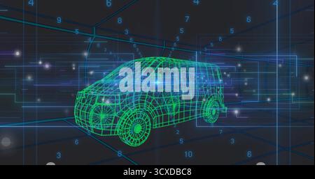 Rendering neon green van wireframe spinning in simulation space, with grid planes, numeric labels Stock Photo