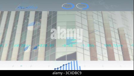 Projecting financial HUD overlaying glass skyscraper facade downtown, with pie, line and bar charts Stock Photo
