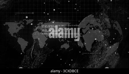 Displaying dot-matrix world map and globe over grid, with floating dots and technical text lines Stock Photo