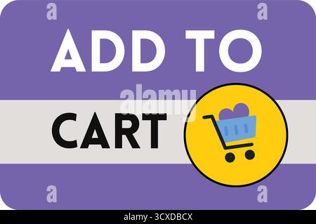 Purple rectangle with "ADD TO CART" in bold text. A yellow circle contains a blue shopping cart icon carrying items. The design conveys an online shop Stock Vector