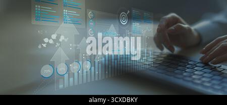 Business Data Analytics and KPI Performance Tracking Dashboard on Digital Tablet Interface. Stock Photo