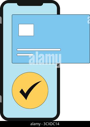Illustration showing a smartphone with a blue screen and a large yellow circle containing a black checkmark. Overlapping the phone is a blue credit ca Stock Vector