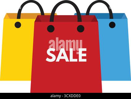 Three shopping bags are depicted: a red one in the center labeled "SALE," flanked by a yellow bag on the left and a blue bag on the right. Each bag ha Stock Vector