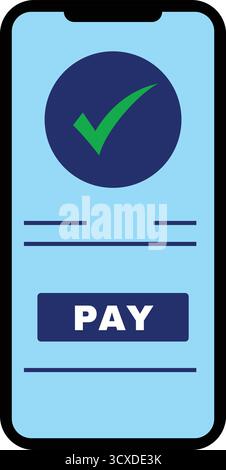 Smartphone screen displaying a mobile payment interface. The background is light blue with a large checkmark inside a dark blue circle at the top, ind Stock Vector