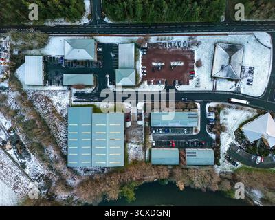 Aerial view in Wintertime of Cavalry Park Industrial Estate, Peebles, Scottish Borders Stock Photo
